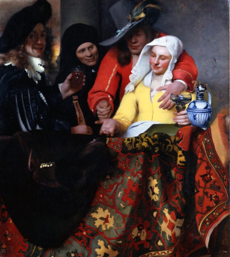 Four figures crowd around a table draped with a richly patterned Oriental carpet: a woman in yellow sits with a blue-and-white jug as a man in red fondles her and pays a black-clad procuress, while a man in black faces the viewer raising a glass under warm light.