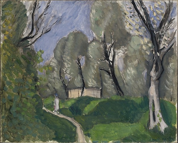 A curving path winds through bright green banks toward a pale wall beneath rounded gray-green trees; a small figure walks along the path, dark-edged trunks frame the scene, and a violet-blue sky glows softly above, painted with broad, visible strokes.