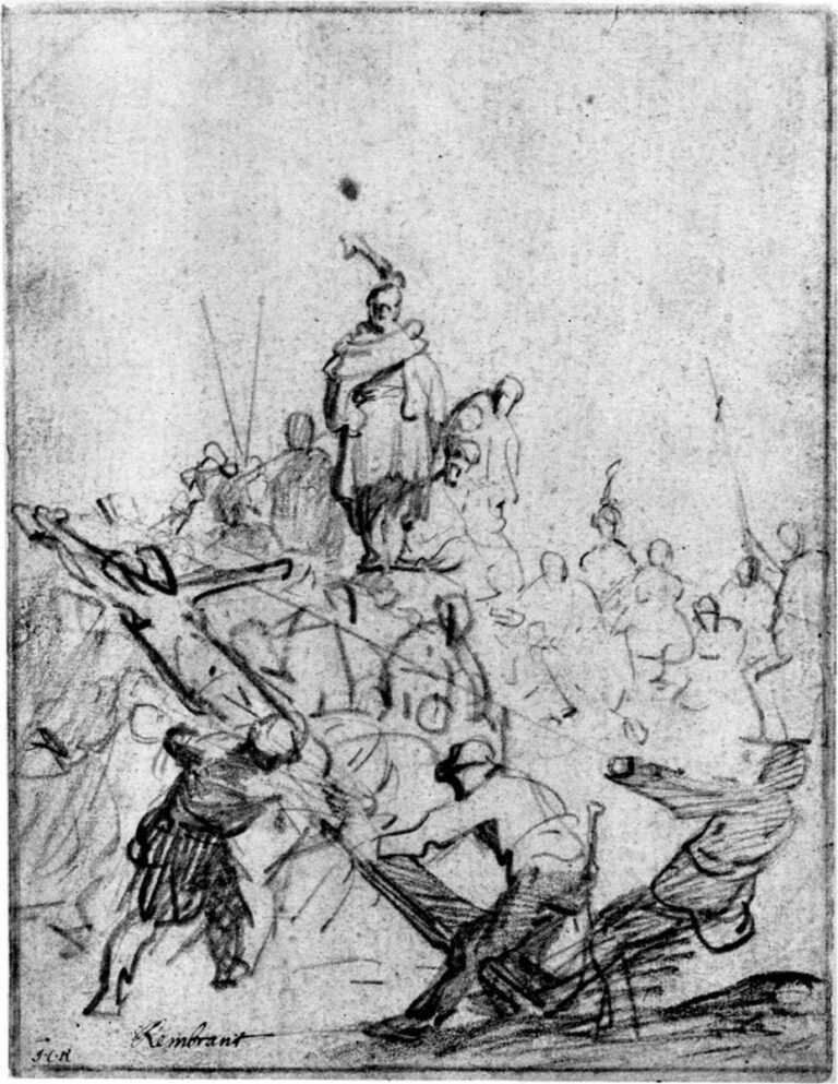 A crowded hillside scene shows workers heaving Christ’s cross upright with ropes and levers while a wrapped figure stands calmly on the summit; Rembrandt’s quick, energetic lines and open sky convey motion, noise, and suspense.
