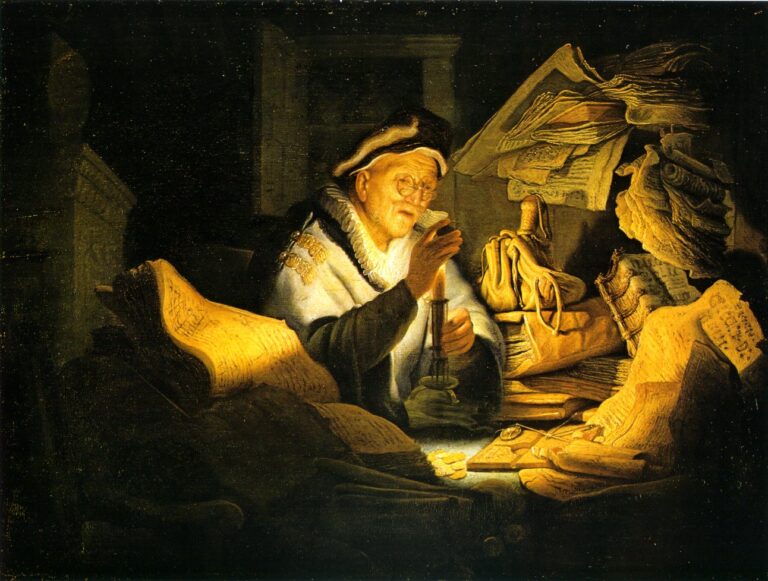 In a dark study, an elderly man in a fur cap raises a coin to a candle while piles of ledgers, bags, and papers glow in warm light; idle scales and scattered coins sit on the crowded desk as the room fades into shadow.