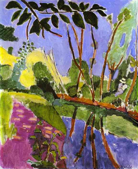 Fauvist riverbank scene with a lavender sky, dark leaf canopy, and diagonally fallen orange trunk; green saplings rise and reflect in blue and purple water, with bold outlines and flat, saturated color creating a rhythmic, modern landscape.
