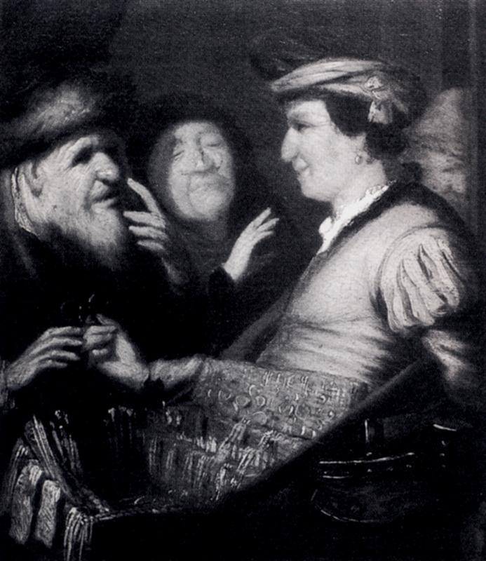 Three figures crowd a shallow interior as a smiling vendor at right offers a tray of spectacles to an elderly man at left while a companion squints between them, the faces and hands brightly lit against a dark background to emphasize the act of seeing.