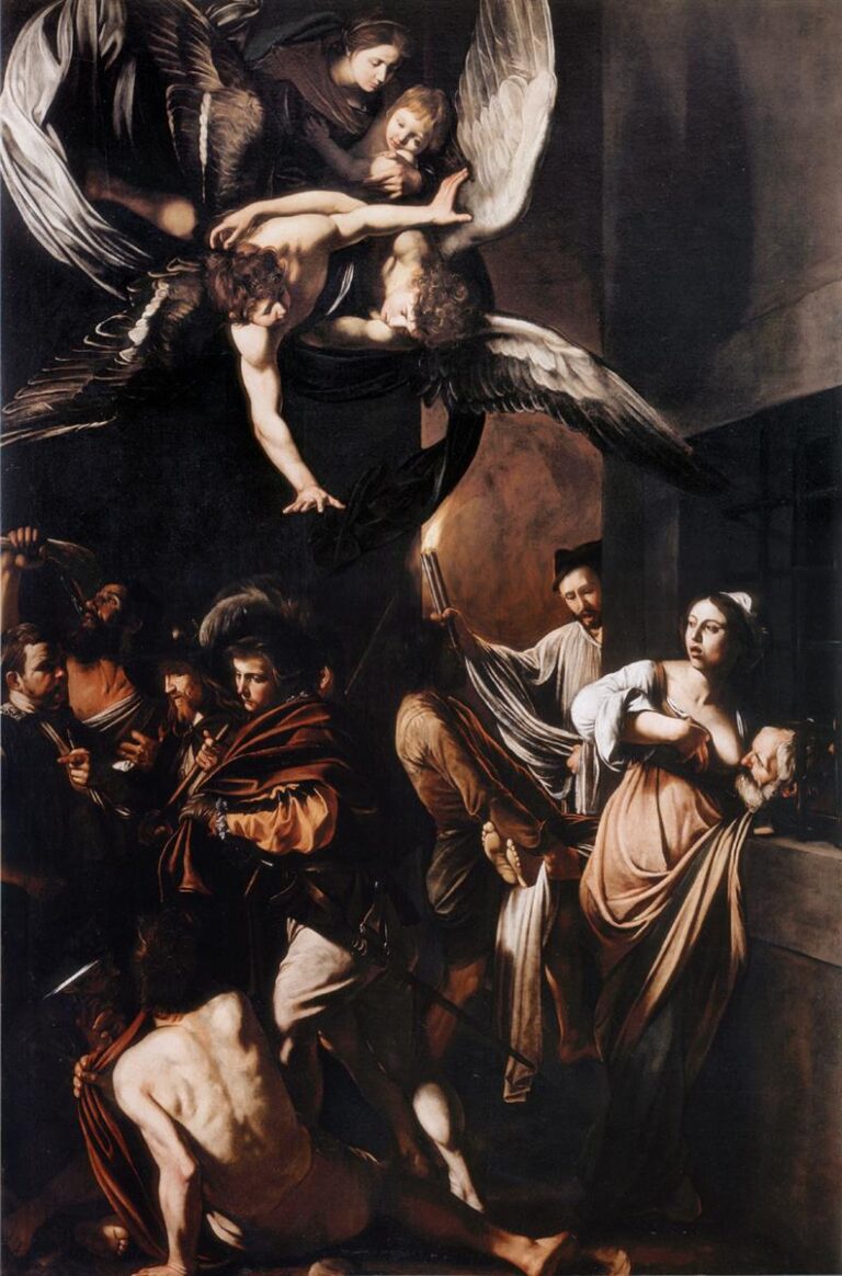 Tall Baroque altarpiece showing angels with the Madonna and Child descending above a crowded night street where figures simultaneously feed a prisoner, carry a corpse, share a cloak, give drink, and welcome a pilgrim; strong chiaroscuro models faces, fabrics, and urgent gestures.