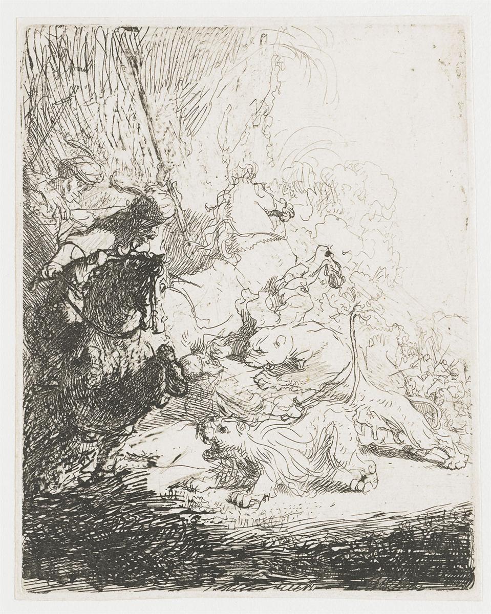 In a small etching, riders on twisting horses clash with two leaping lions amid reeds and brush; dense hatching darkens the left foreground while bright open paper on the right silhouettes the bounding cats, creating a tense, high-speed scene.