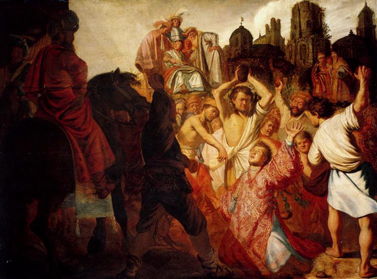 A crowded biblical scene showing St. Stephen kneeling in red and gold robes at right as men raise stones to strike him, with a mounted official at left, a tribunal of onlookers above, and dramatic light illuminating the martyr’s upturned face against a turbulent crowd.