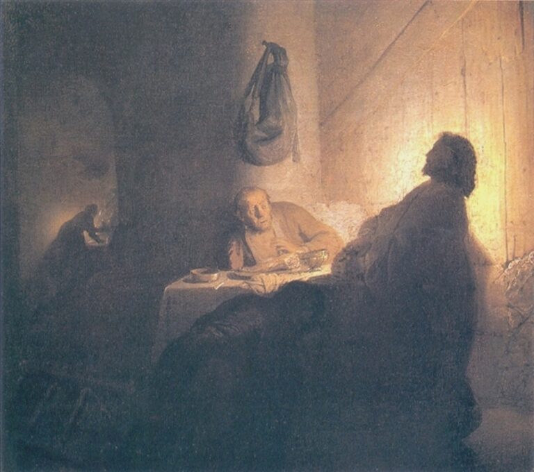 In a dim inn room, two disciples react as Christ—haloed by reflected light—sits at a small table; one man recoils backward, the other leans forward over bread and dishes, while a servant works in a dark recess and a sunlit wooden wall glows warmly.