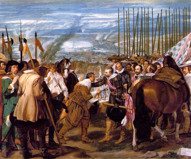 Crowded battlefield scene with Spanish and Dutch troops; at center the victorious general Spinola stops the defeated Nassau from bowing as they exchange the city’s keys, while ranks of lances, horses, flags, and a smoky panorama of Breda fill the background under a bright, clouded sky.