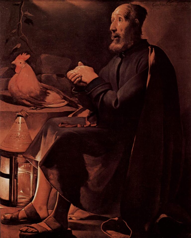 Candlelit scene of St. Peter seated in profile, hands clasped in prayer, a rooster perched on a table, and a hooded lantern glowing at his feet; warm light models his face, robe, and sandals against a dark, simple background.