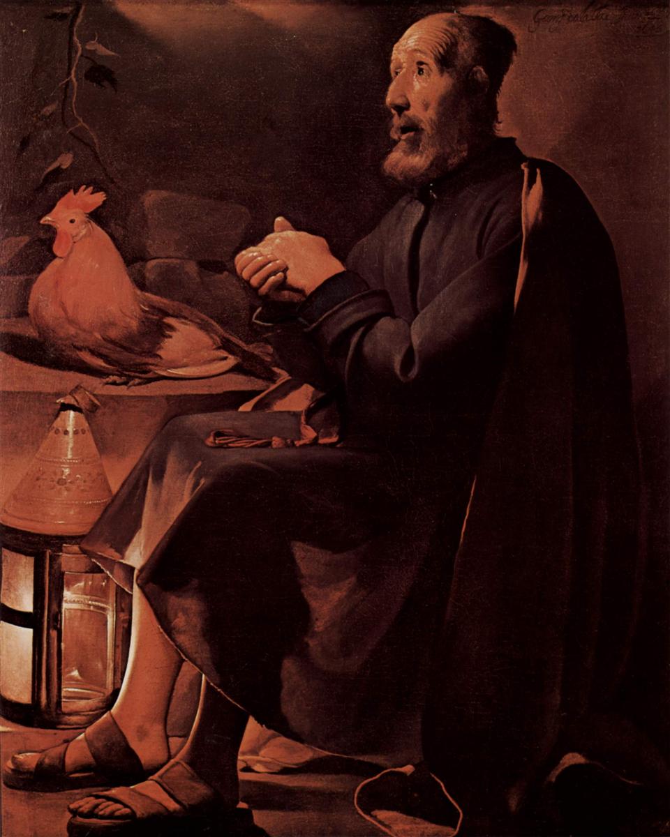 Candlelit scene of St. Peter seated in profile, hands clasped in prayer, a rooster perched on a table, and a hooded lantern glowing at his feet; warm light models his face, robe, and sandals against a dark, simple background.