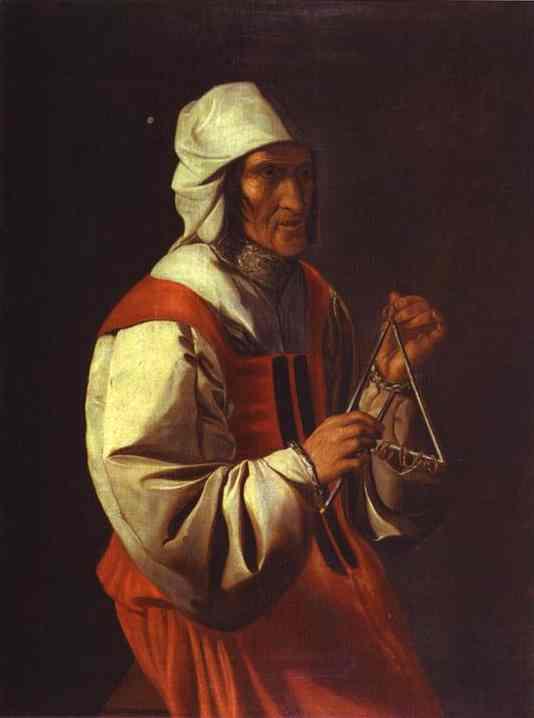 Half-length figure in a white coif and red garment holding a metal triangle and beater against a dark background, illuminated with soft chiaroscuro in de la Tour’s restrained style.