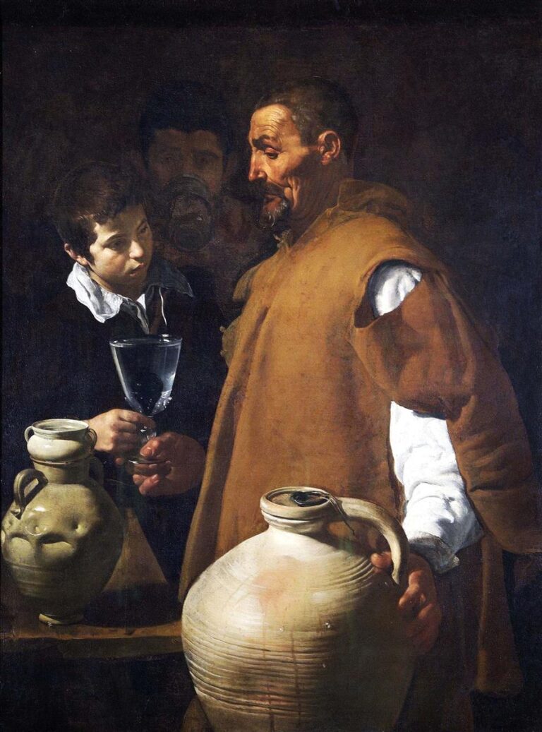 An elderly waterseller in an ocher cloak offers a glass of water to a boy while large clay jars glisten with droplets and a third figure drinks in the background, all illuminated against a dark wall in Velazquez’s “The Waterseller of Seville” (1623).