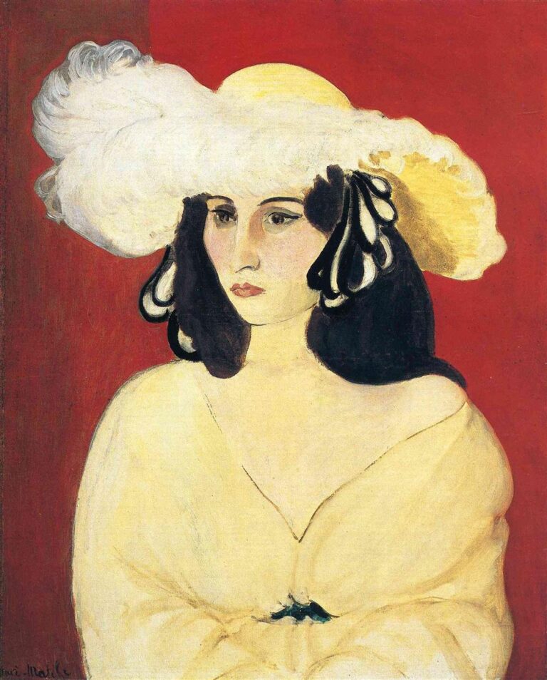 Half-length portrait of a woman against a flat red background, wearing a large straw hat with an expansive white feather; dark hair frames her pale face, lips softly closed; the light ivory dress is simplified into broad planes with minimal contour.
