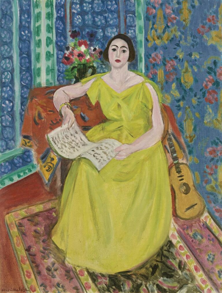 A woman in a bright yellow dress sits frontally with sheet music in her hands; behind her are a bouquet of flowers, blue patterned walls, and a mandolin resting at the right, all arranged on a rose-trimmed carpet in a warm interior.