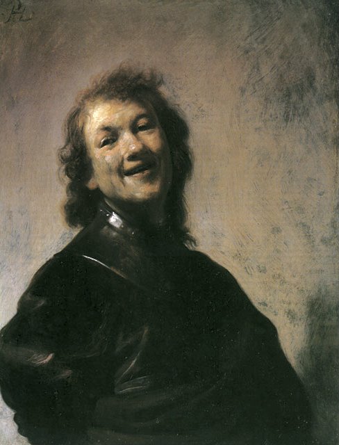 A youthful Rembrandt, half-turned and bathed in warm light, throws his head back with a bright, open smile; his dark garment gleams while the soft background swirls, emphasizing the spontaneous, laughing expression.