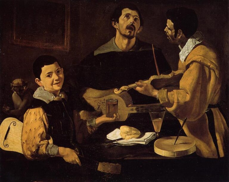Three figures around a small table: a smiling boy offers a glass while holding a guitar, a central singer tilts his head upward mid-song, and a violinist leans in to play; bread, a napkin, a glass, and a small frame drum sit on the table against a dark background.