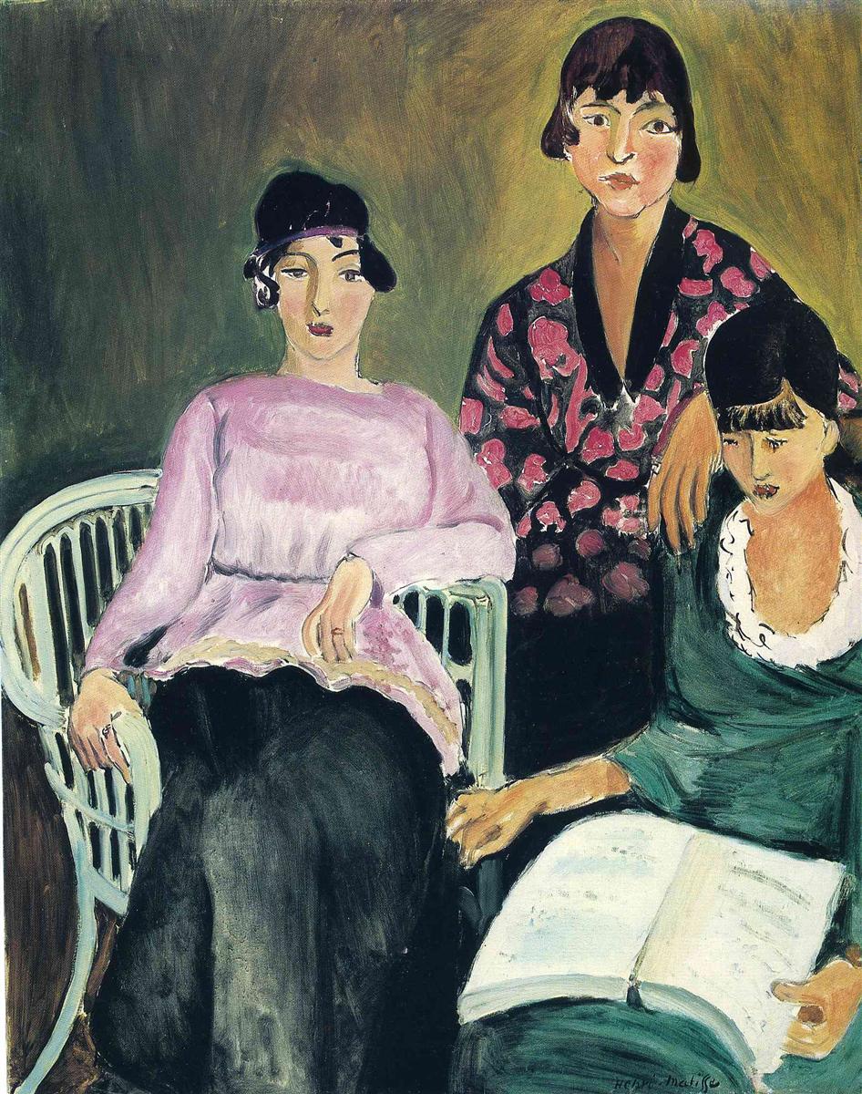 Interior scene by Henri Matisse with three women: one in a lilac blouse reclining in a white cane chair at left, one in a black jacket patterned with rose at center, and one in a deep green dress reading an open book at lower right; olive background, bold black outlines, and broad color planes create a calm, modern composition.