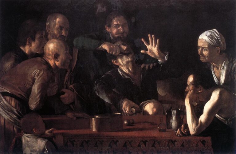In a dark interior a quack dentist yanks a man’s tooth across a crowded table as the patient recoils with a raised hand; onlookers of varied ages lean in from both sides, while jars and tools sit on the tabletop under sharp, focused light.