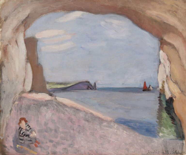 View from inside a cave at Etretat looking out to a pale blue sea and sky; warm ochre rock arch frames the scene; small boat with a bright red triangular sail on the horizon; distant violet headland; seated figure sketched at lower left on a pebbled floor; soft, airy brushwork.