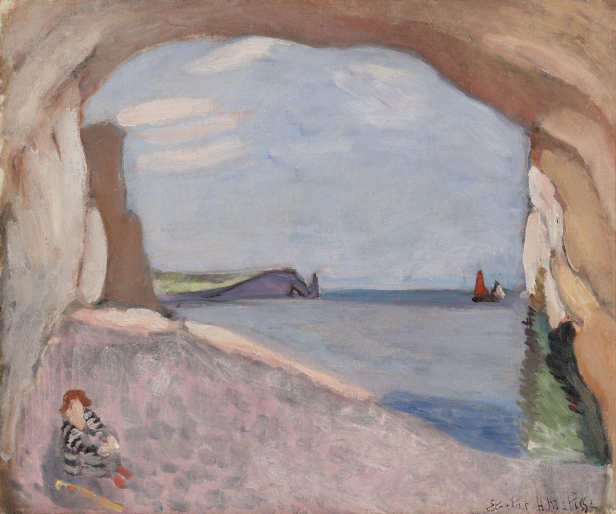 View from inside a cave at Etretat looking out to a pale blue sea and sky; warm ochre rock arch frames the scene; small boat with a bright red triangular sail on the horizon; distant violet headland; seated figure sketched at lower left on a pebbled floor; soft, airy brushwork.