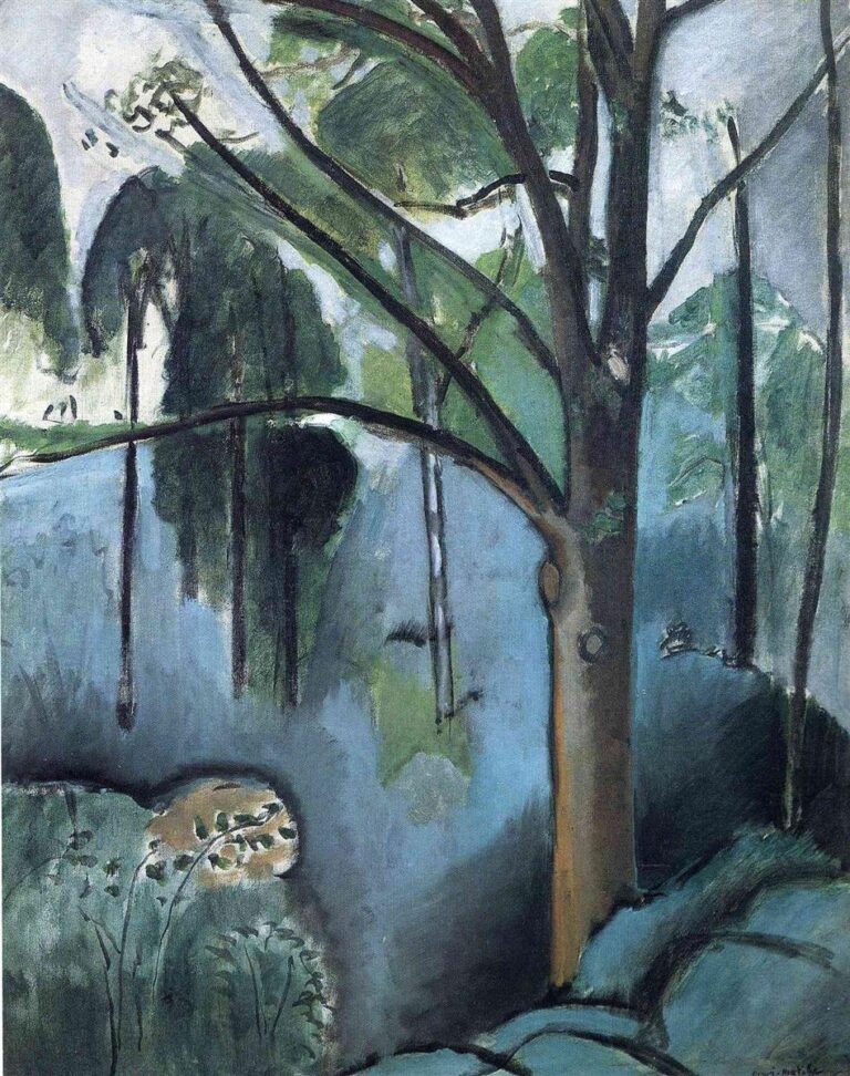 Henri Matisse landscape showing a warm ocher tree trunk and branching arcs before a blue-green pond with reflected dark verticals; simplified foliage, shallow depth, and strong black outlines create a serene modern scene of trees and water at Trivaux Pond (1917).