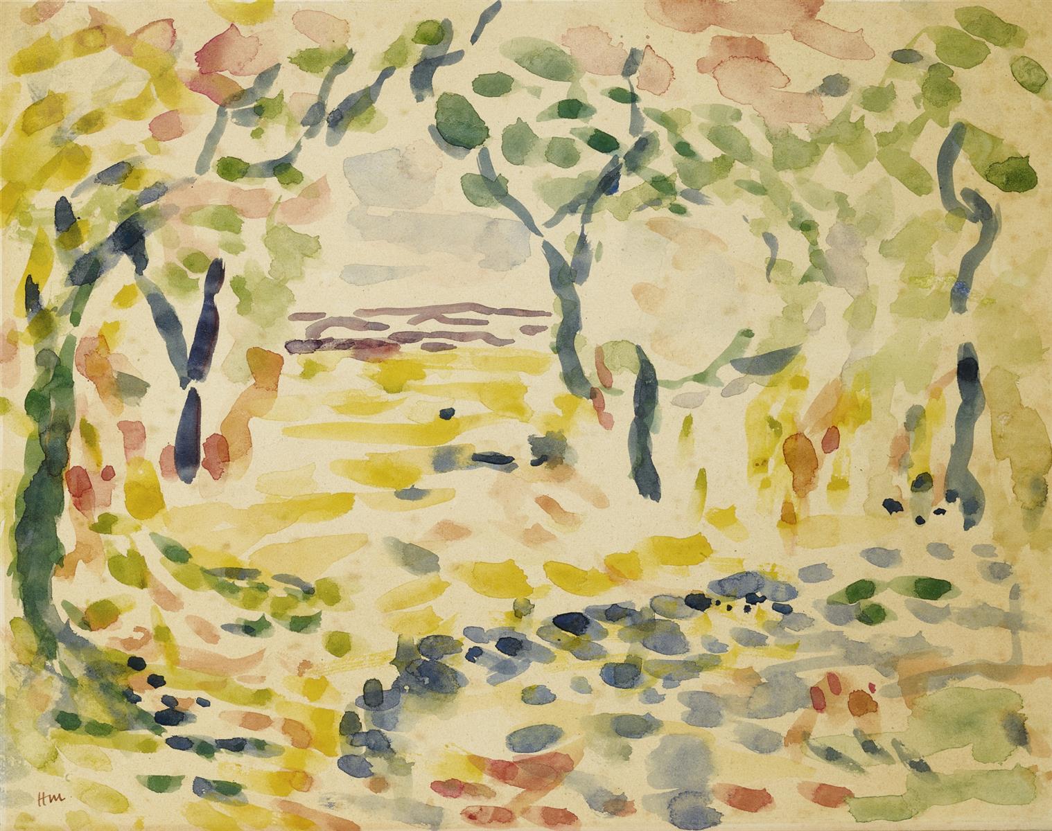 Watercolor study of a sunlit grove by Matisse, with loose yellow, green, blue, and rose dabs forming arching trees around a bright central clearing and a faint mauve horizon; much white paper left as light, suggesting the preparatory vision for “The Happiness of Living.”