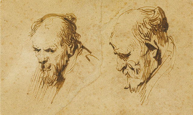 A warm brown ink drawing on paper showing two small studies of an elderly man’s head, one in three-quarter view and one in profile, both looking downward and modeled with economical hatching and a few touches of wash.