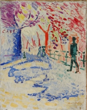 A Fauvist street scene by Henri Matisse showing a tree-lined promenade under a canopy of pink, red, and violet leaves, a blue-violet trunk marked “CAFÉ,” and a dark green figure walking beside a railing across a sunlit, yellow-white path.