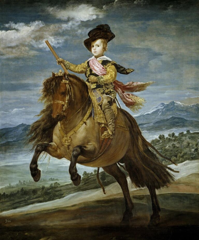 A child prince in hat, armor, and pink sash rides a rearing bay horse, holding a small baton, with green hills and blue mountains receding under a bright, clouded sky.