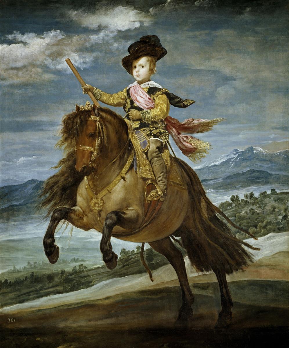 A child prince in hat, armor, and pink sash rides a rearing bay horse, holding a small baton, with green hills and blue mountains receding under a bright, clouded sky.