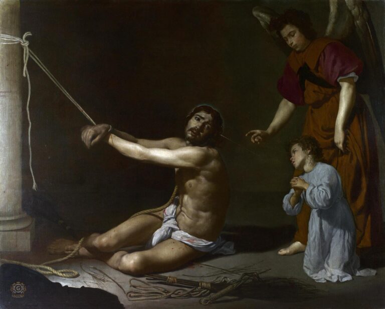 Christ sits bound to a column after the scourging, his wounded torso lit against a dark background as an angel points gently and a kneeling child—the Christian soul—watches in prayer; scourges and ropes lie on the floor in Velazquez’s 1628 painting.