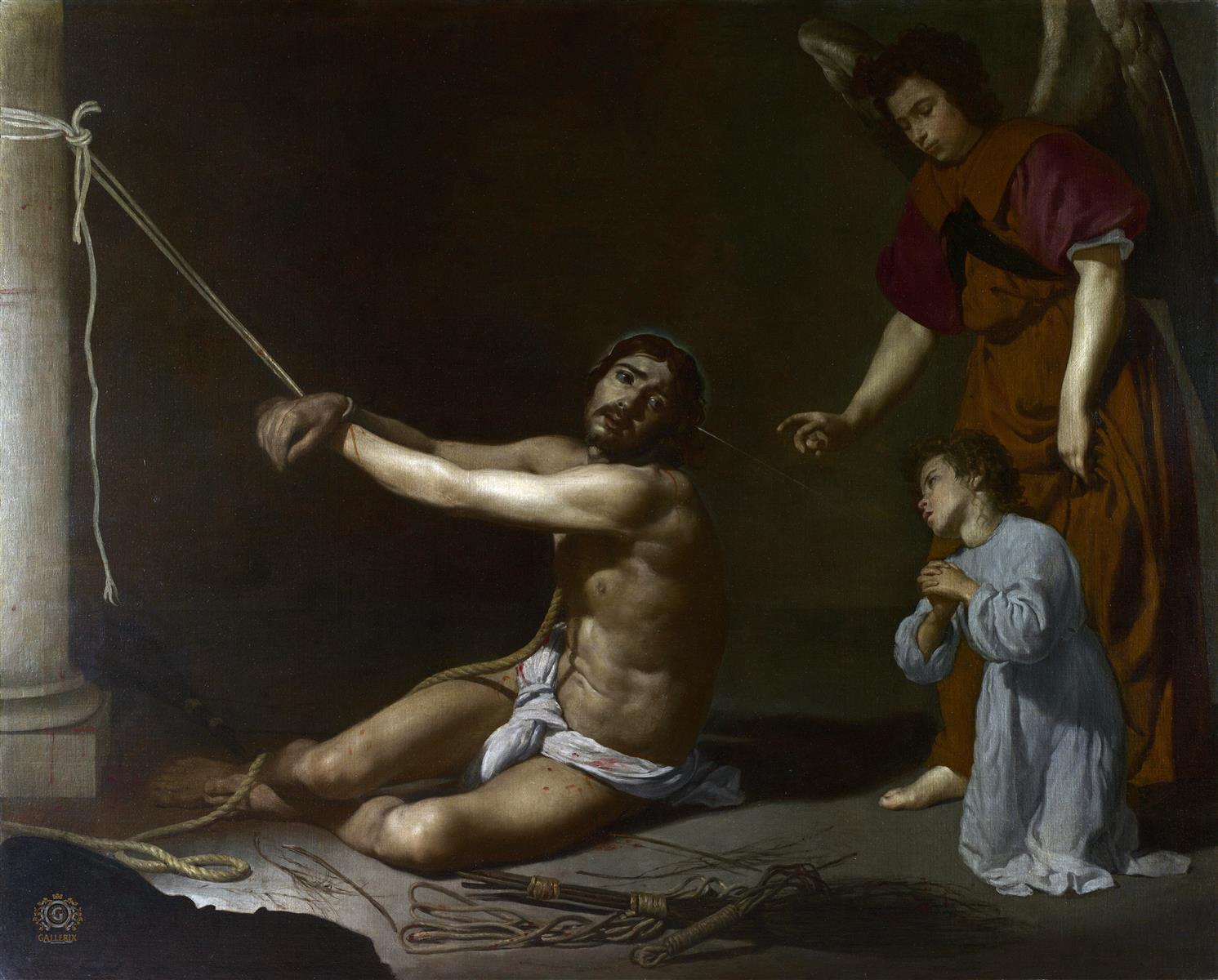Christ sits bound to a column after the scourging, his wounded torso lit against a dark background as an angel points gently and a kneeling child—the Christian soul—watches in prayer; scourges and ropes lie on the floor in Velazquez’s 1628 painting.