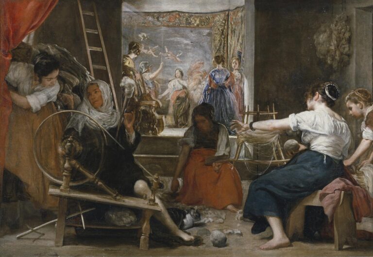 Interior of a weaving workshop where women spin and wind wool in shadowed foreground; beyond a doorway a brilliantly lit scene shows elegant figures before a tapestry of Athena and Arachne, uniting everyday craft with mythic drama.