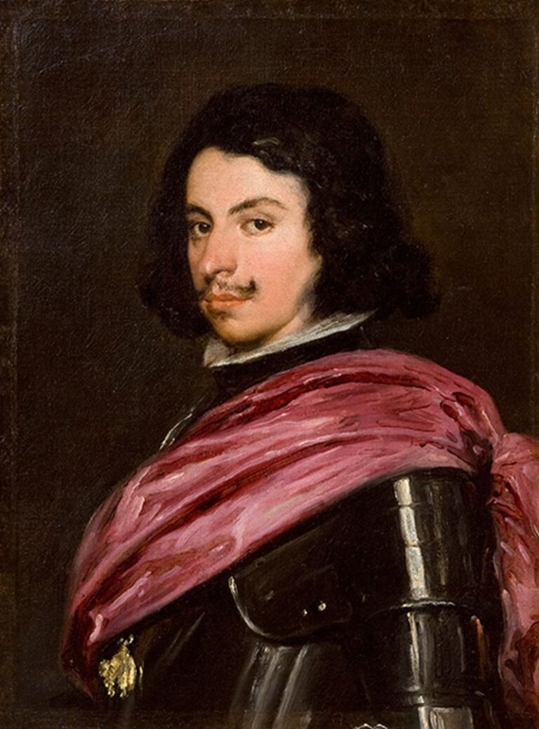 Half-length portrait of Francesco I d’Este in black armor with a flowing pink silk sash, head turned toward the viewer against a dark background, painted with luminous highlights and restrained detail.
