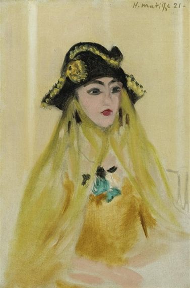 Bust-length portrait of a woman wearing a black hat with gold trim and a long yellow veil; coral lips, arched brows, and a turquoise accent at the neckline against a pale background, painted by Henri Matisse.