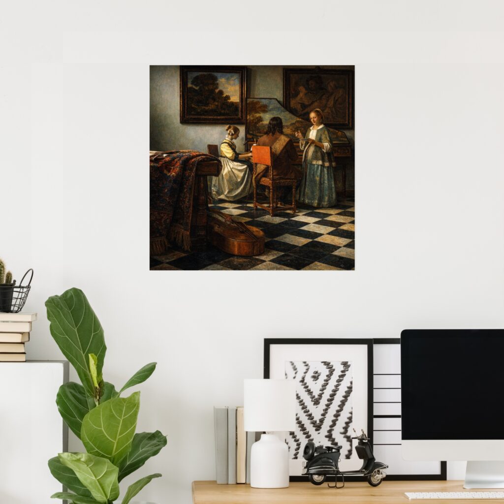 “The Concert” by Johannes Vermeer poster print — classic Dutch Golden Age interior scene with three musicians, checkerboard floor, framed wall paintings, and warm natural light.