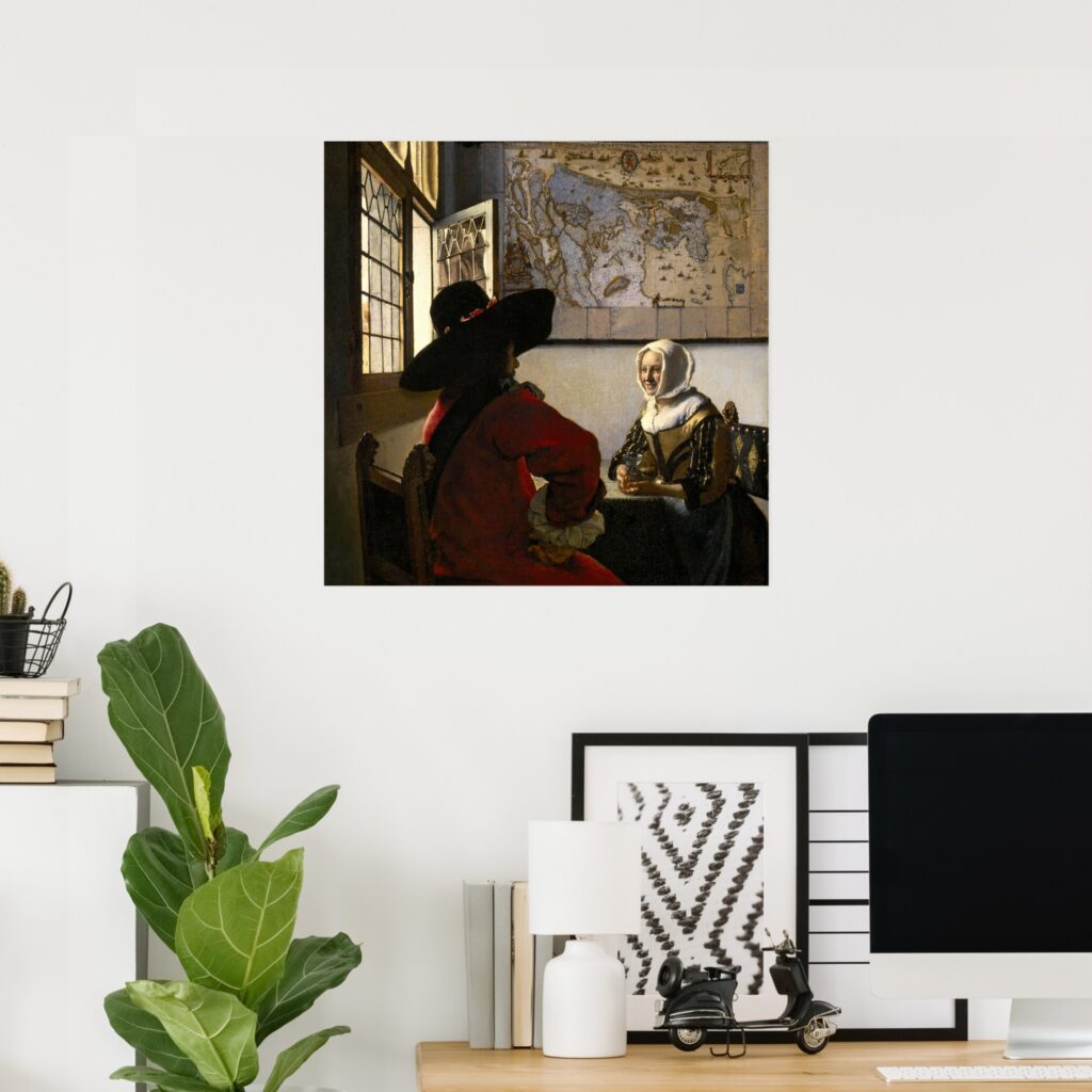 Poster print of “Officer and Laughing Girl” by Johannes Vermeer, featuring a Dutch Golden Age interior scene with a seated soldier in a red coat and a smiling woman by a sunlit window, with a wall map in the background.