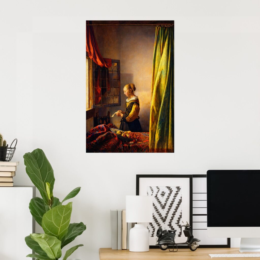 Poster of Johannes Vermeer’s “Girl Reading a Letter at an Open Window” — Dutch Golden Age interior with a young woman reading by a leaded-glass window, warm sunlight, patterned tablecloth, and drapery.