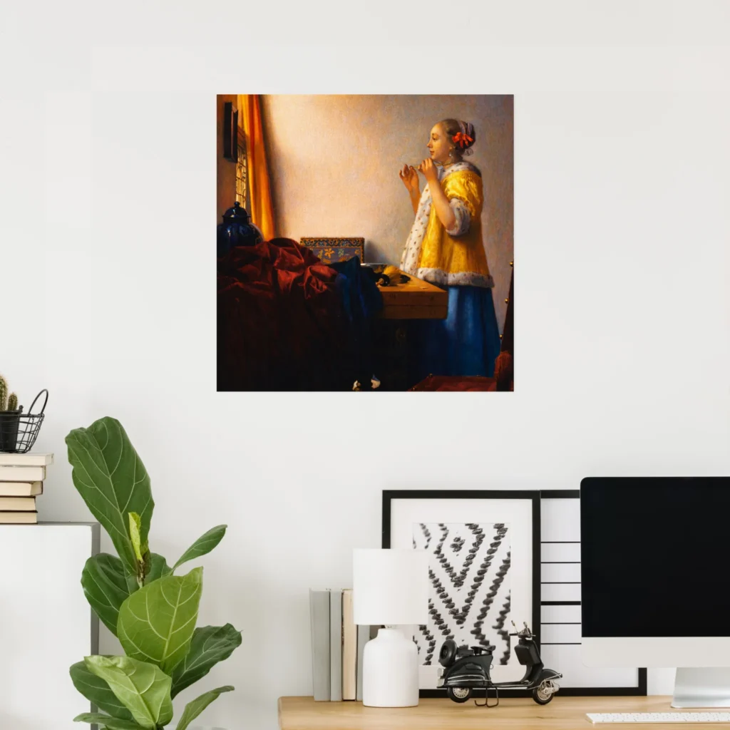 Poster of “Young Woman with a Pearl Necklace” by Johannes Vermeer, Dutch Golden Age interior portrait of a woman in a yellow jacket and blue skirt adjusting a pearl necklace by a sunlit window.