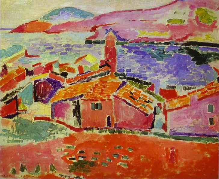 A Fauvist harbor view by Henri Matisse showing orange roof tiles and pink houses clustered around a central tower, with a lavender and blue sea beyond and pale hills in the distance, all constructed from bold color blocks and visible brushstrokes with thin black seams for structure.