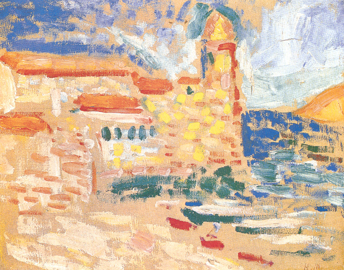 A Fauvist harbor scene by Henri Matisse showing Collioure’s tower and waterfront rendered in ochres, terra-cotta roofs, lemon window squares, green awnings, a dark blue sea, and a pale, scrubbed sky with much bare canvas shining through.