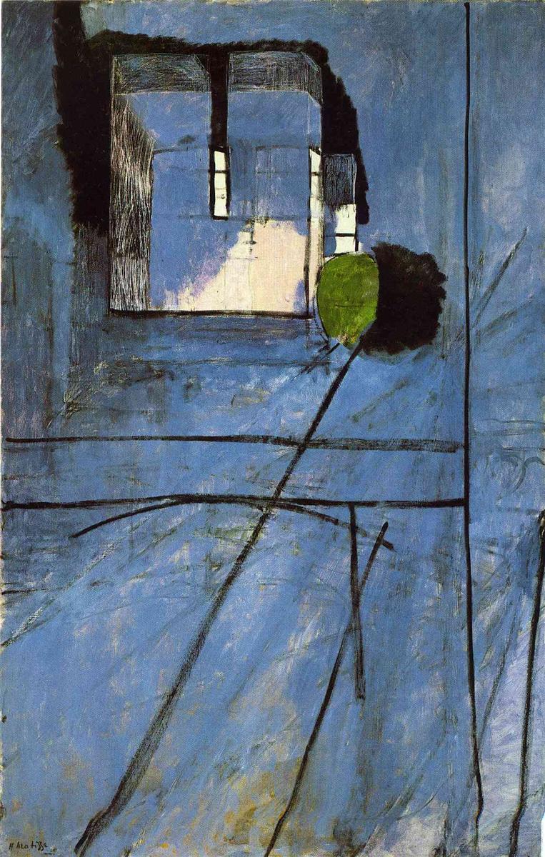 Cool blue interior view with black window bars framing a pale rectangular silhouette of Notre-Dame; broad blue field crossed by dark lines suggesting balcony rails; a single rounded green leaf shape near the right edge provides the only warm accent, in Henri Matisse’s 1914 style.