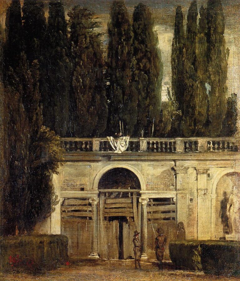 Small oil painting of the Villa Medici’s grotto loggia: a pale arcade with its central arch boarded for repairs, two guards with pikes before clipped hedges, a balustrade above draped with cloth, and tall dark cypresses rising against a pale sky, painted with loose, atmospheric brushwork.