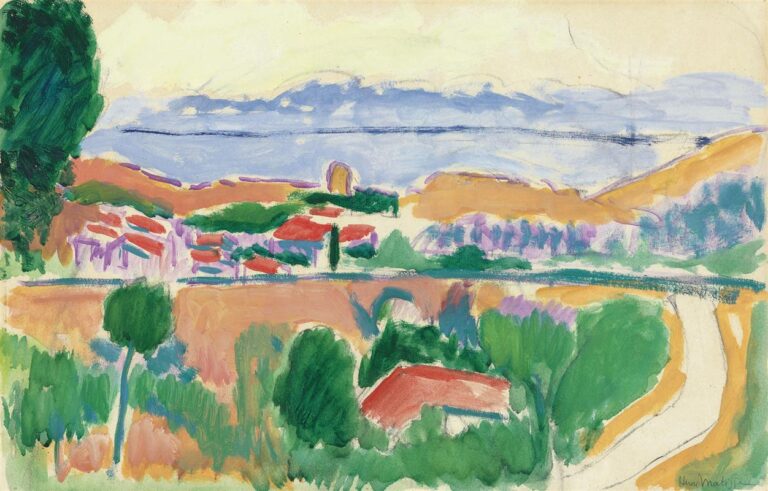 Henri Matisse’s “View of Collioure” (1906) shows a red-roofed village between green foreground trees and a pale blue sea, with ocher hills and a winding light road; broad washes of color, quick lines, and exposed ground give the landscape an airy, Fauvist clarity.