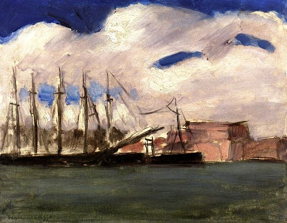 A harbor view with a dark, tall-masted ship silhouetted before pink quays under a vast mass of white clouds against cobalt sky, green water in the foreground, painted with broad expressive strokes by Henri Matisse in 1917.