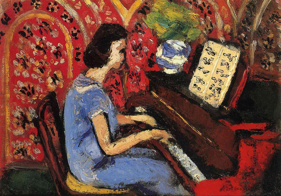 A young woman in a blue dress plays an upright piano beside an open music score; behind her a red wall patterned with pale arches and floral marks glows, while a small vase sits on the piano, all rendered with thick, lively brushstrokes and soft, even light.