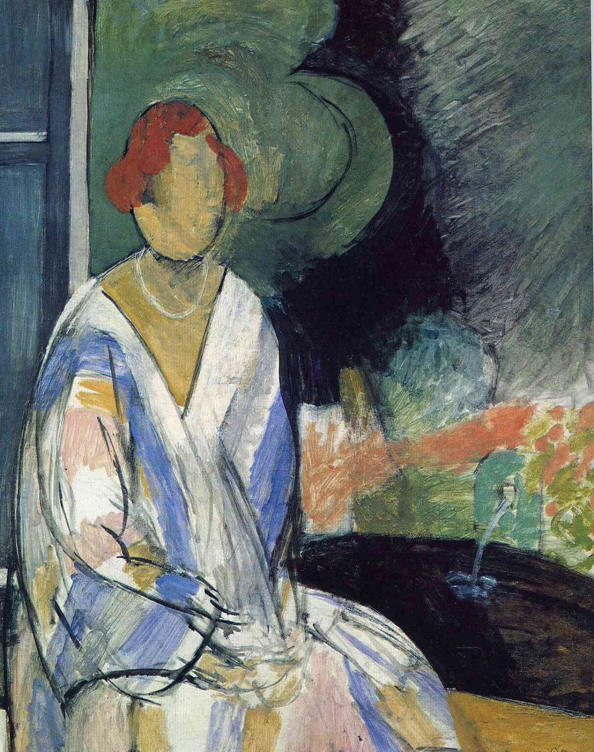 Painting by Henri Matisse of a seated woman in a loose, striped white robe with red hair, her face left blank; behind her a swirling green wall and at right a dark round basin with a thin blue jet of water; strong black outlines, limited cool palette, and calm, modern atmosphere.