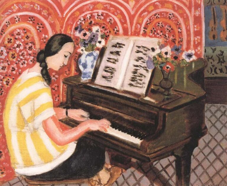 Interior by Henri Matisse showing a woman in a yellow-striped blouse playing a piano, with open sheet music, vases of flowers, a coral red patterned wall, and a tiled floor, painted in 1925.