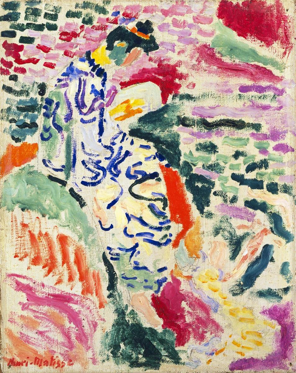 A Fauvist scene by Henri Matisse showing a woman with a patterned blue-and-white robe seated near water, her head bowed, surrounded by dabs of pink, green, and lilac, with a bright red vertical accent and patches of yellow, coral, and dark teal rendered in quick, separated strokes.