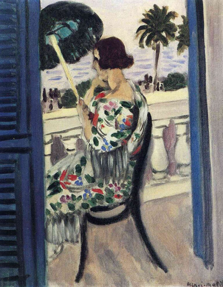Interior-to-exterior balcony view with blue shutters bracketing a seated woman in a floral robe holding a dark green parasol; stone balustrade before a palm-lined promenade and bands of sea and sky; simplified forms, soft Mediterranean light, and bold black contours.