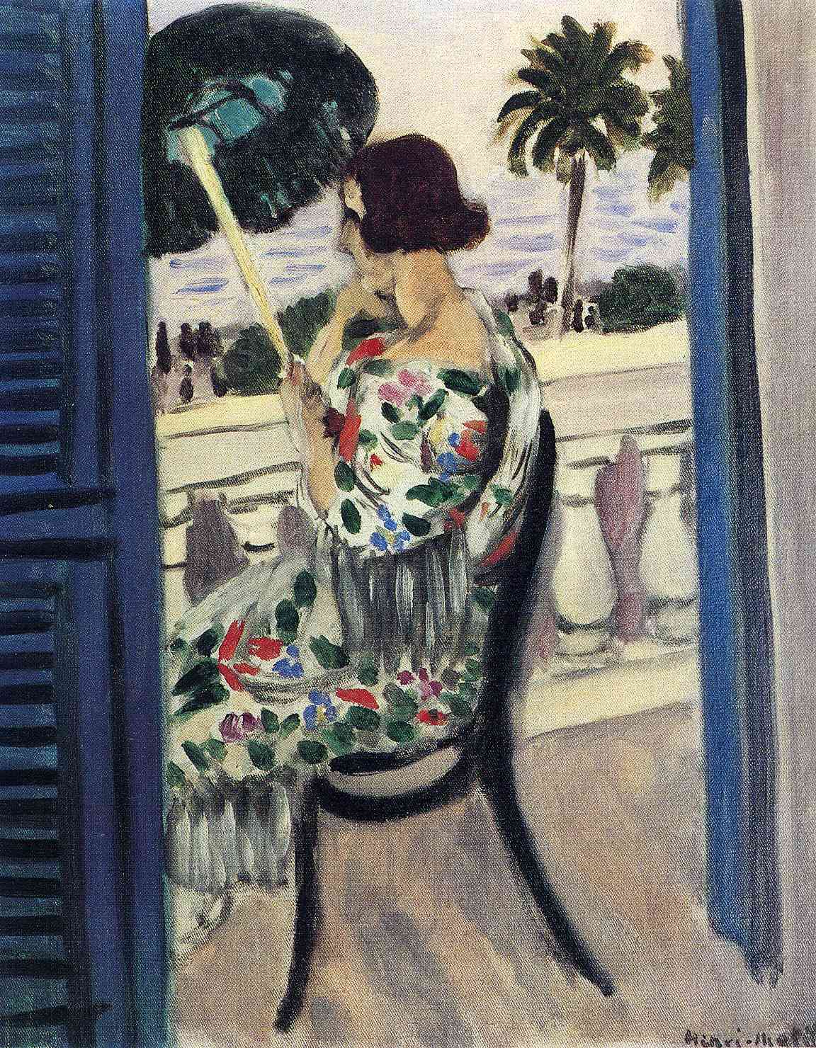Interior-to-exterior balcony view with blue shutters bracketing a seated woman in a floral robe holding a dark green parasol; stone balustrade before a palm-lined promenade and bands of sea and sky; simplified forms, soft Mediterranean light, and bold black contours.